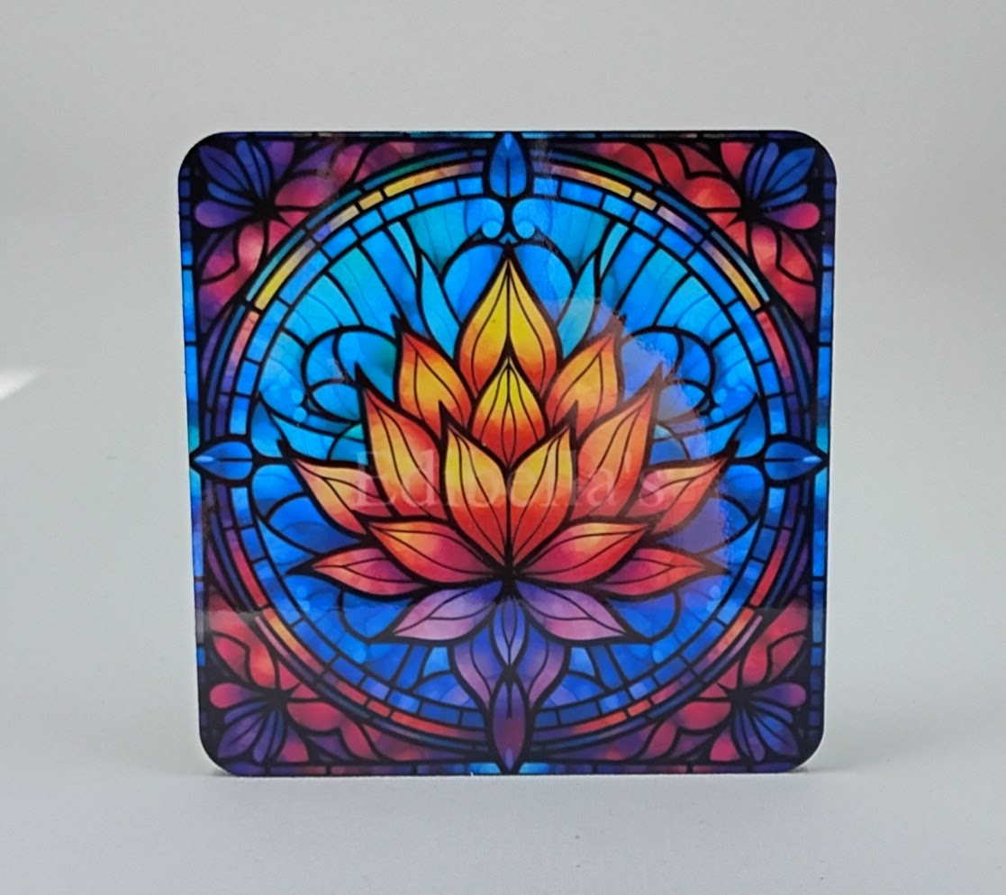Beautiful and colorful lotus flower square coaster that is handcrafted and inspired by stained glass art. 