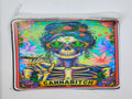 Handcrafted colorful tarot inspired zipper bag with the image of a female skeleton, wearing marijuana sunglasses and smoking a joint, while surrounded by tons of colors. The bottom says "cannabitc*"