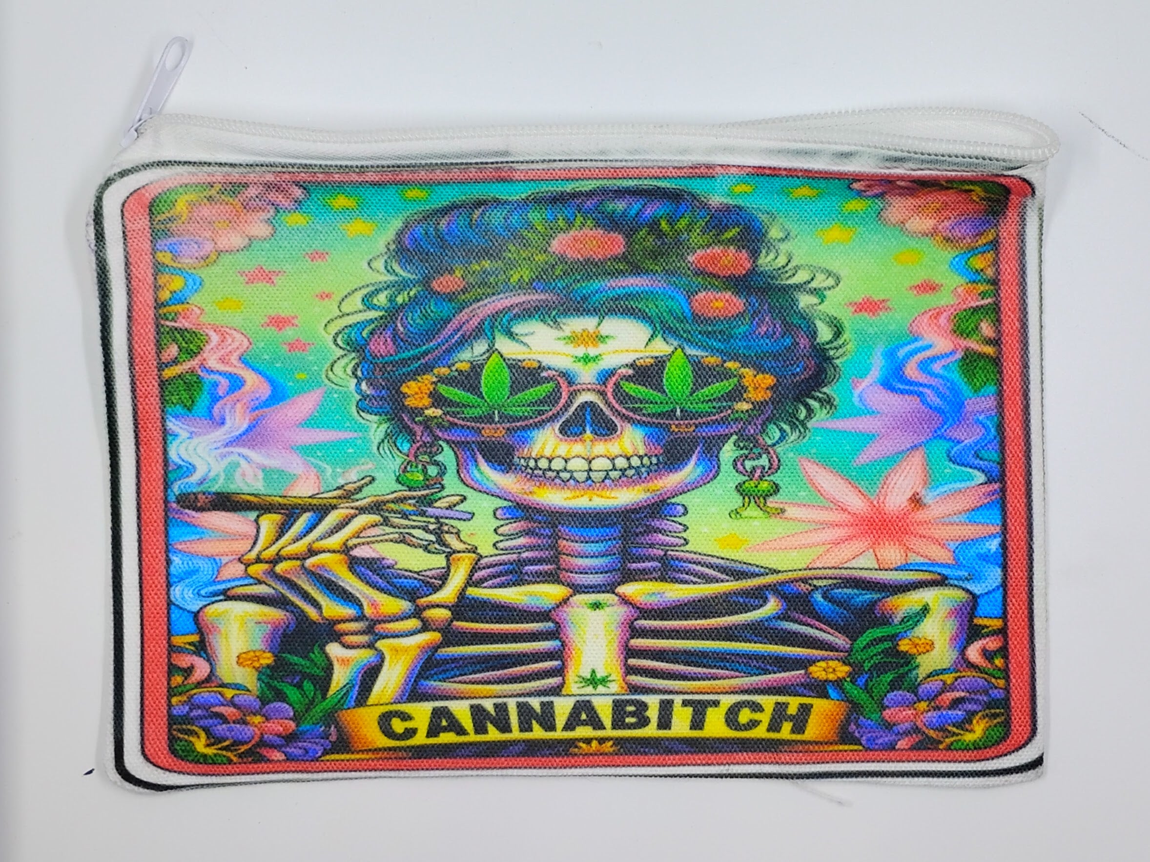 Handcrafted colorful tarot inspired zipper bag with the image of a female skeleton, wearing marijuana sunglasses and smoking a joint, while surrounded by tons of colors. The bottom says "cannabitc*"