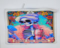Handcrafted Tarot inspired zipper bag with a cute skeleton on it holding a cell phone and drink and it says "Broke and Bougie"