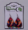 Tear drop dangle earrings with a very colorful image of a humming bird