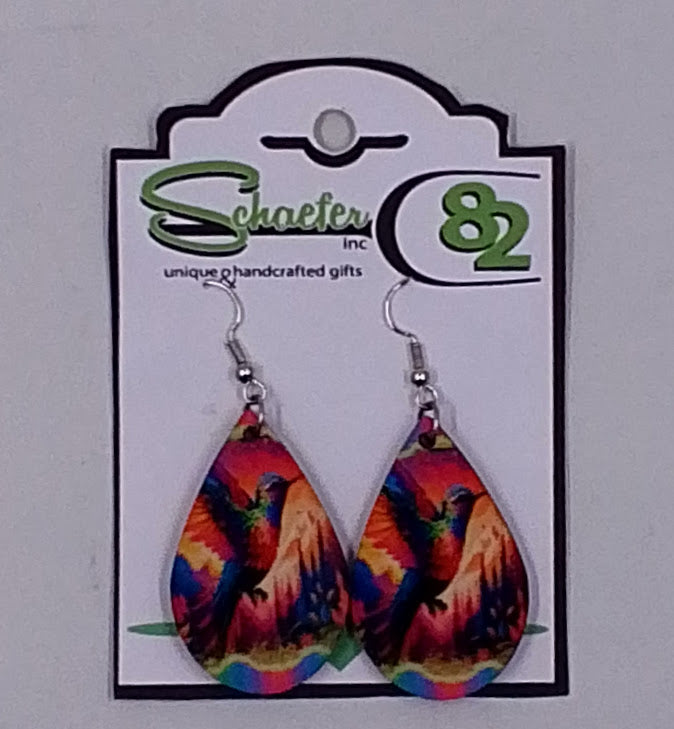 Tear drop dangle earrings with a very colorful image of a humming bird