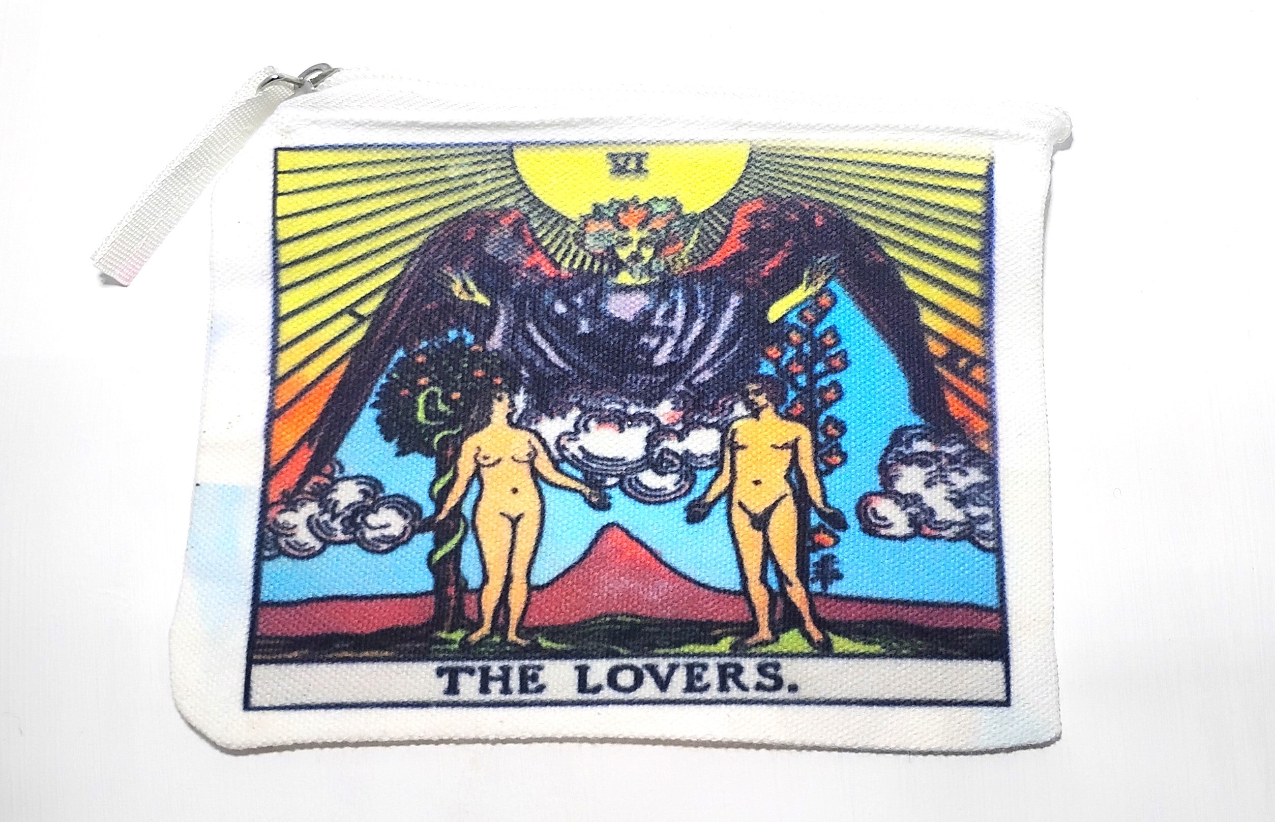 Handcrafted tarot zipper bag with the tarot card image for the lovers.