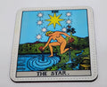Handcrafted coaster with 'The Star' tarot card design featuring a nude figure by a pool with stars above.