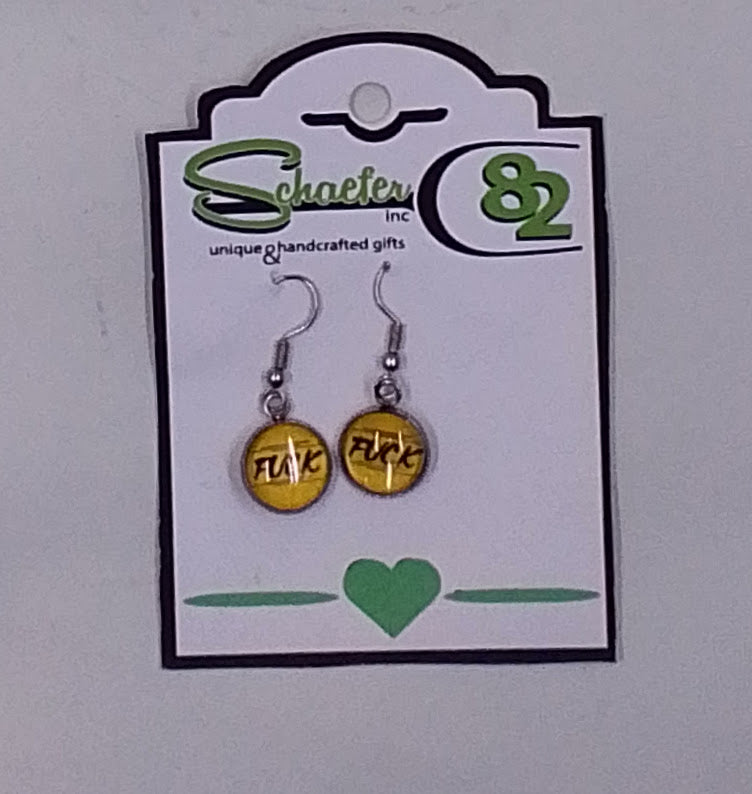 Small yellow dangle earrings that have the word "F*ck" on them