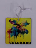 Yellow Square ornament with a colorful watercolor inspired moose