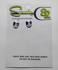 Black and White Cat Stud Earrings featuring a cute cat design on a card with a playful message.